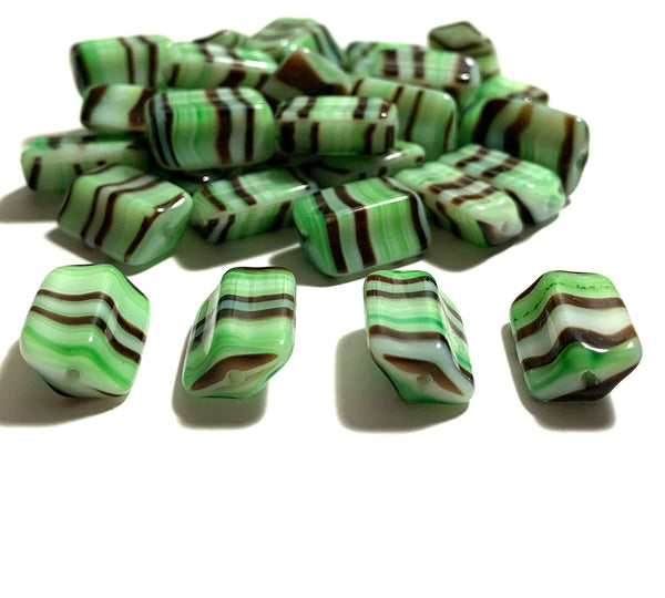 Six Czech glass rectangle beads - 16 x 12mm green, brown, and white striped - 4-sided diamond shaped large, chunky rectangle beads C0005