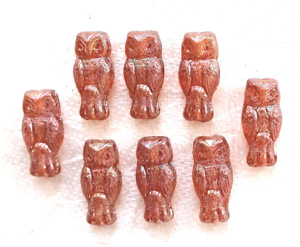 Lot of 10 small Czech glass owl beads, apricot orange luster iridescent, two sided earring beads, 15mm x 7mm 0801