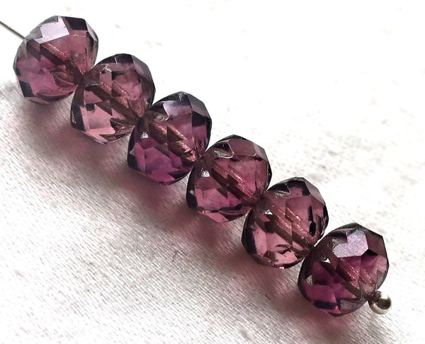 Ten Czech glass faceted cruller beads, 7 x 10mm transparent amethyst. purple and pink mix, sale price 03101