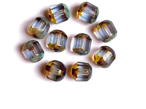15 Czech glass faceted cathedral or barrel beads six sides - 8mm fire polished light sapphire blue beads w/ picasso finish on the ends C0025