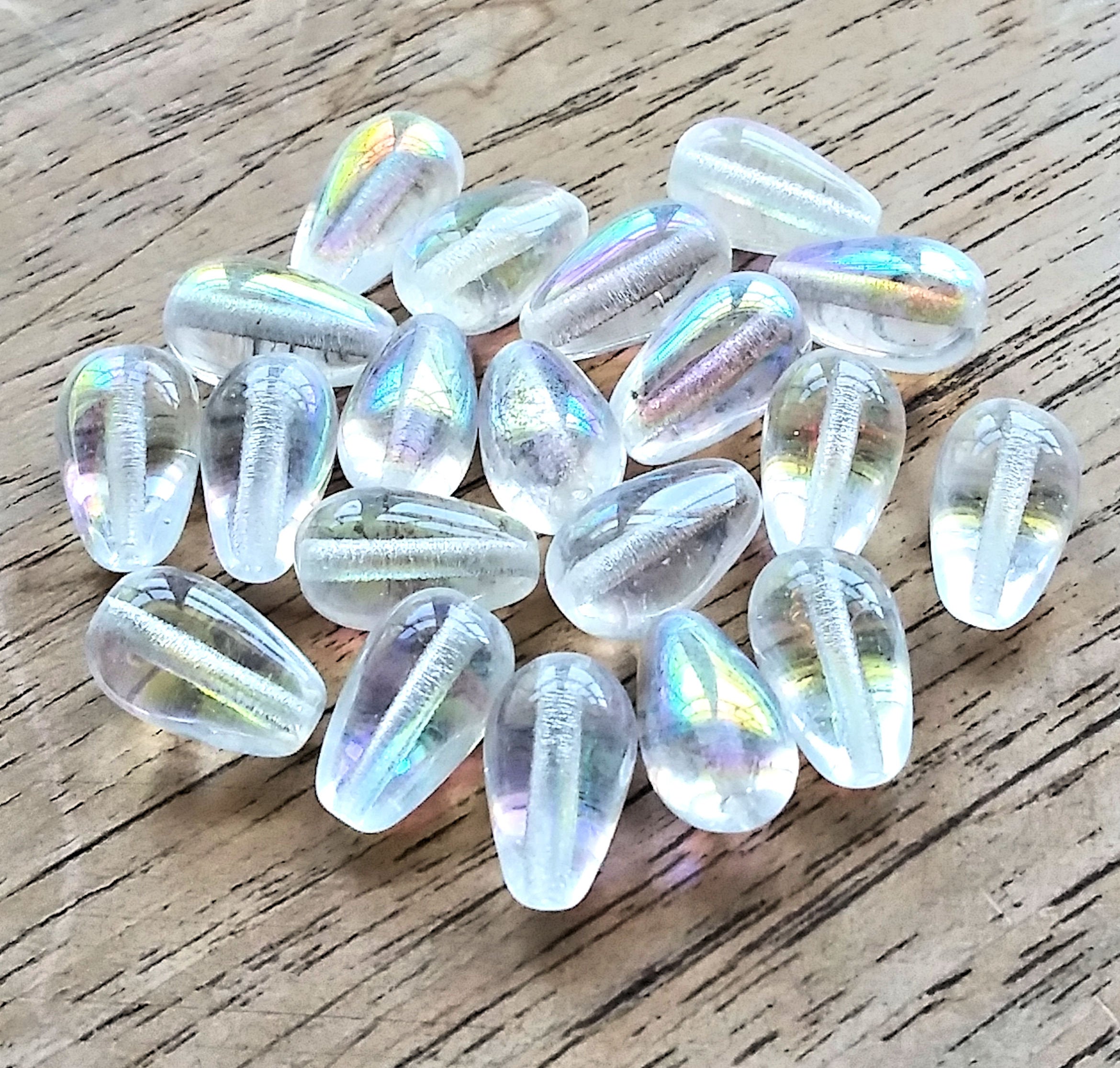 Lot of 25 10 x 6mm Czech glass crystal AB teardrop beads - center drilled smooth drop beads C2701 - Glorious Glass Beads
