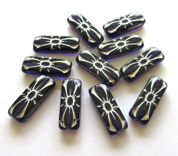 Five 20 x 8mm Czech glass beads - rectangular flower tube beads - tanzanite purple with a silver wash rectangle beads C0014