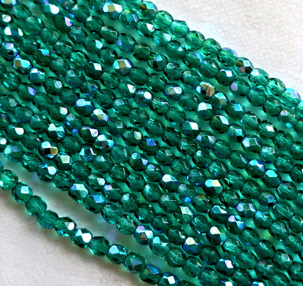 Lot of 50 3mm Emerald Green AB Czech glass beads, faceted, round, firepolished beads C7401