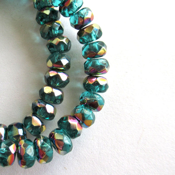 30 small 3 x 5mm Czech glass faceted puffy rondelle beads - transparent teal blue green rondelles with a vitral finish C00331