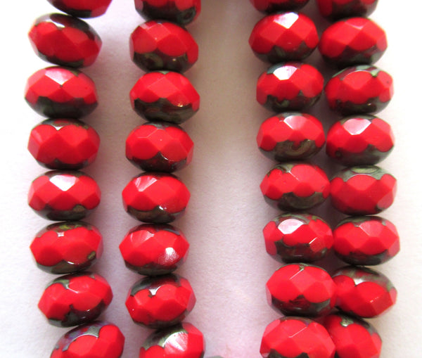 Lot of 25 6 x 8mm Czech glass puffy rondelles - opaque scarlet red picasso faceted fire polished rondelle beads - 00112