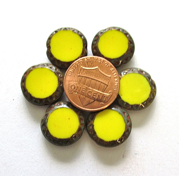 Six 16mm Czech glass coin or disc beads - opaque yellow picasso beads - table cut carved beads w/ textured edges - C00941