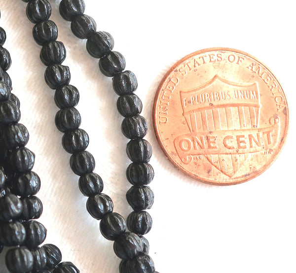 Lot of 100 3mm Matte Jet Black melon beads, Czech pressed glass spacer beads C21101 - Glorious Glass Beads