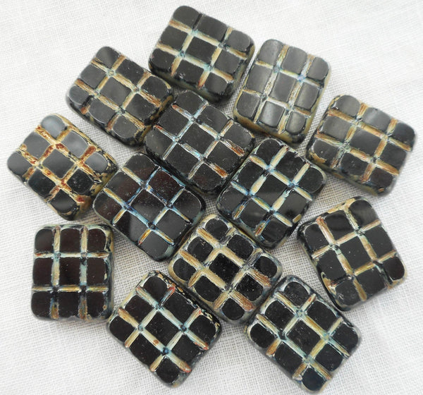 Five large 15 x 13mm jet black picasso, rectangular table cut beads - square, carved picasso one hole rectangle beads, Czech glass beads C1111