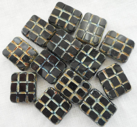 Five large 15 x 13mm jet black picasso, rectangular table cut beads - square, carved picasso one hole rectangle beads, Czech glass beads C1111 - Glorious Glass Beads