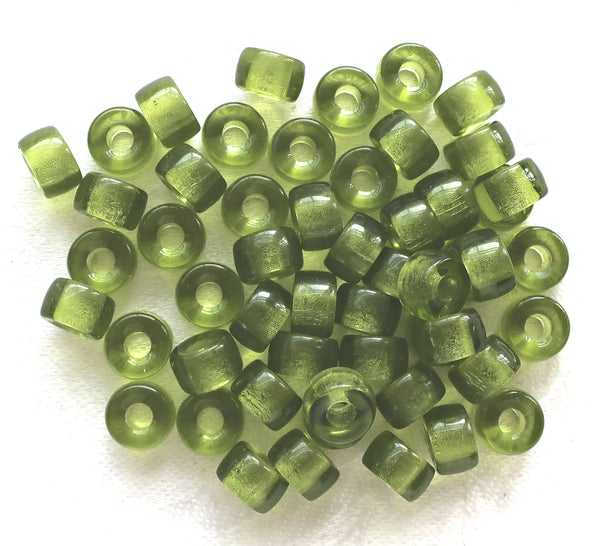 Lot of 25 9mm Green Olivine Czech glass pony or roller beads, large hole crow beads, C0401
