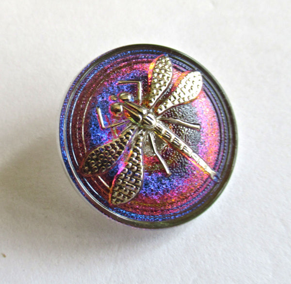 One 22mm Czech glass dragonfly button - iridescent purple, pink and blue with silver decorative shank button 00051