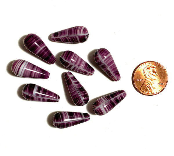 Six large Czech glass teardrop beads - 9 x 20mm amethyst or purple and white striped drop or pear beads - C0017