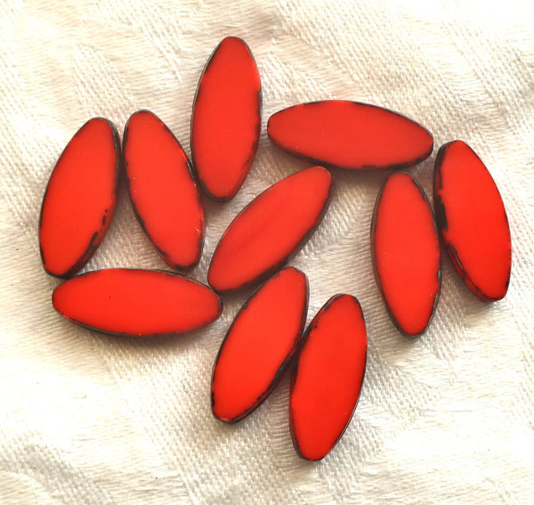 Ten Czech glass spindle beads - 20 x 9mm - opaque bright red / orange table cut picasso - almond shaped rustic earthy tube beads C33201 - Glorious Glass Beads