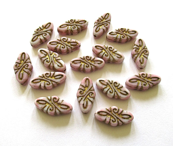 8 Czech glass arabesque beads - 9 x 19mm opaque pink & white diamond shaped engraved beads with a gold wash - C00211