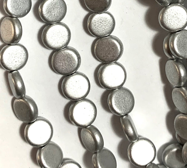 Lot of 30 8mm Czech glass flat round beads - matte silver coin or disc beads C0039