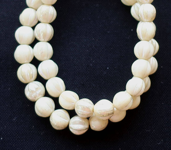 25 opaque white, ivory mercury melon beads, 6mm pressed Czech glass beads with a white luster finish C0801 - Glorious Glass Beads