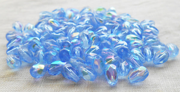 Lot of 25 7 x 5mm Light Sapphire Blue AB teardrop Czech glass beads, faceted fire polished beads C3701