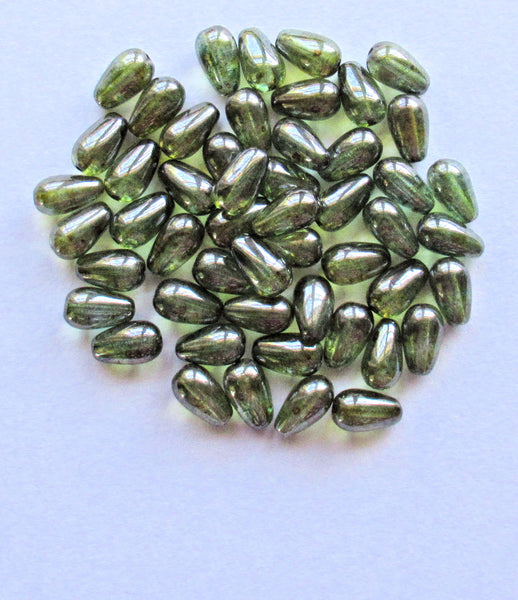 Lot of 25 Czech glass drop beads - center drilled smooth teardrop shaped lumi green beads - 10 x 6mm C3501