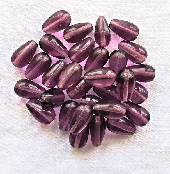 Lot of 25 amethyst glass drop beads - smooth purple teardrop beads - 10 x 6mm C4501 - Glorious Glass Beads
