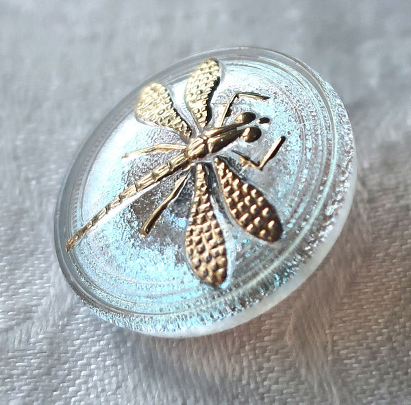 One 22mm Czech glass button - Crystal AB with a gold dragonfly - decorative shank buttons 84201