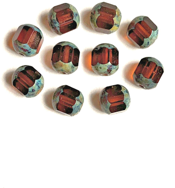 15 Czech glass faceted cathedral or barrel beads six sides - 8mm fire polished Madeira topaz beads with picasso finish on the ends C0096