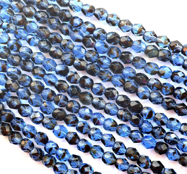 25 6mm round faceted firepolished Czech glass beads - Tortoise Shell, Tortoiseshell sapphire blue - brown Y blue mix - C7425 - Glorious Glass Beads