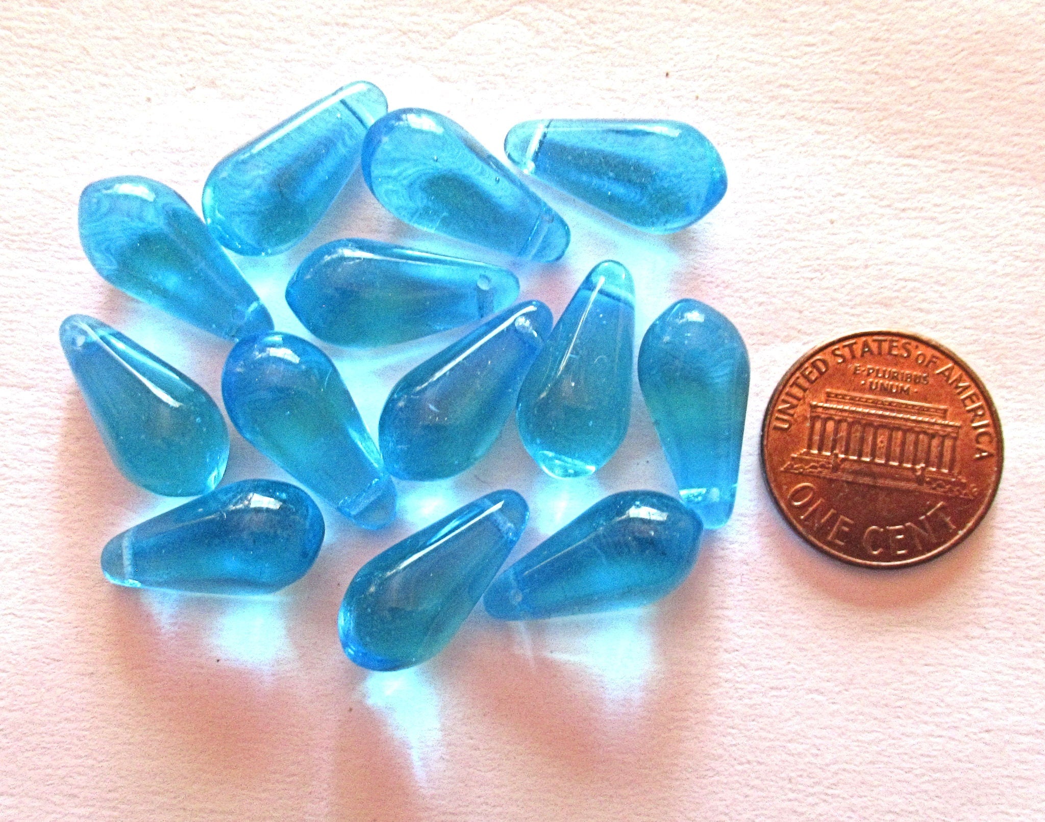 Ten large Czech glass teardrop beads - 9 x 18mm transparent aqua blue pressed glass side drilled six sided drops C0023