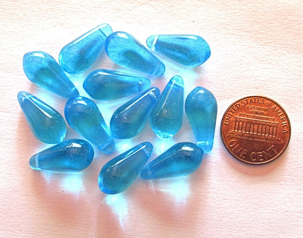 Ten large Czech glass teardrop beads - 9 x 18mm transparent aqua blue pressed glass side drilled faceted drops six sides C0023