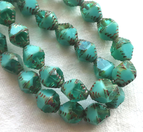 Lot of 15 Czech glass bicones, turquoise blue green opaque and transparent mix picasso carved faceted 8 x 10mm large bicone beads, C07201