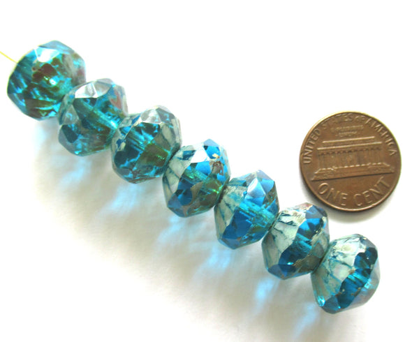 Five Czech large glass faceted rivoli saucer beads - 9 x 13mm aqua blue w/ picasso finish - chunky rustic earthy beads C00822