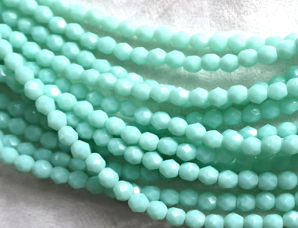 Lot of 50 3mm Opaque Pale Jade Green Czech glass beads, opaque light green faceted. fire polished round beads C0074