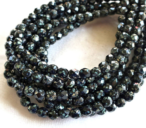 Lot of 25 8mm Jet black Czech glass beads with a picasso finish, speckled, firepolished, faceted, round beads C5725 - Glorious Glass Beads