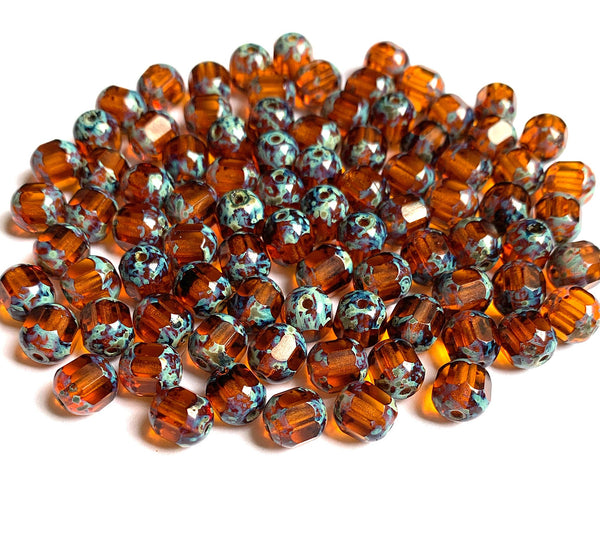 15 Czech glass faceted cathedral or barrel beads six sides - 8mm fire polished amber beads with picasso finish on the ends C0096