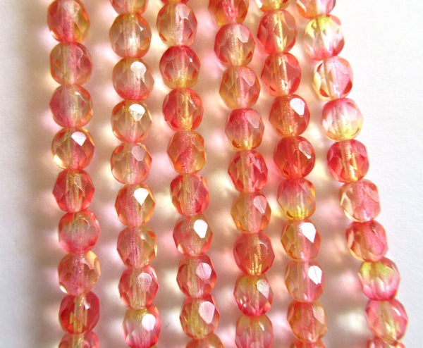 25 6mm Czech glass beads - fuchsia lemon dual coated pink & yellow / orange - faceted round fire polished beads 0075