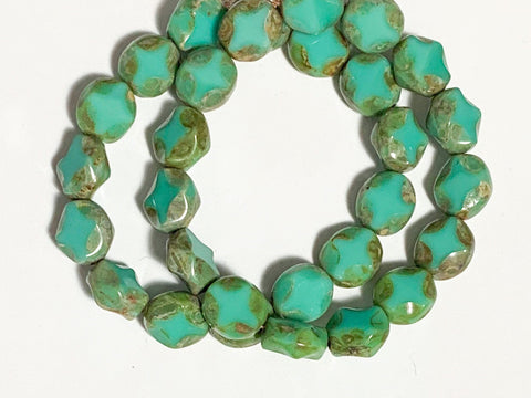 15 Czech glass oval beads - 9 x 8mm turquoise green with a Picasso finish - carved table cut with a diamond pattern beads C0571