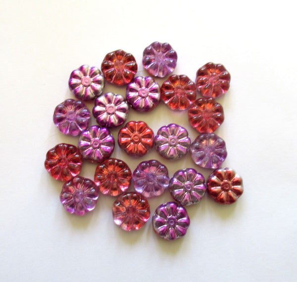 Ten 12mm Czech glass flower beads - metallic purple and pink pressed glass flowers - C0089