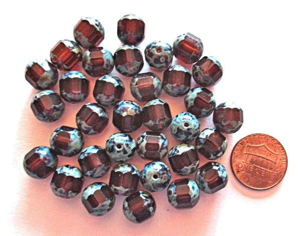 Ten Czech glass faceted cathedral or barrel beads six sides - 10mm fire polished Madeira topaz beads with picasso finish on the ends C0058