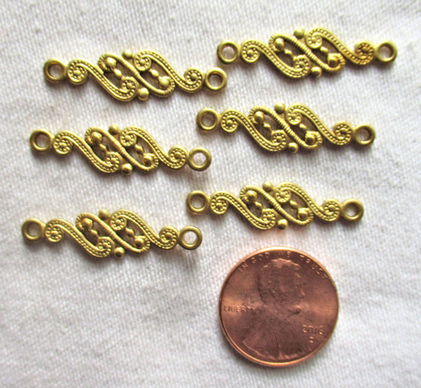 Six raw brass stampings - ornate Victorian connectors with rings - 28mm x 7mm USA made C46102