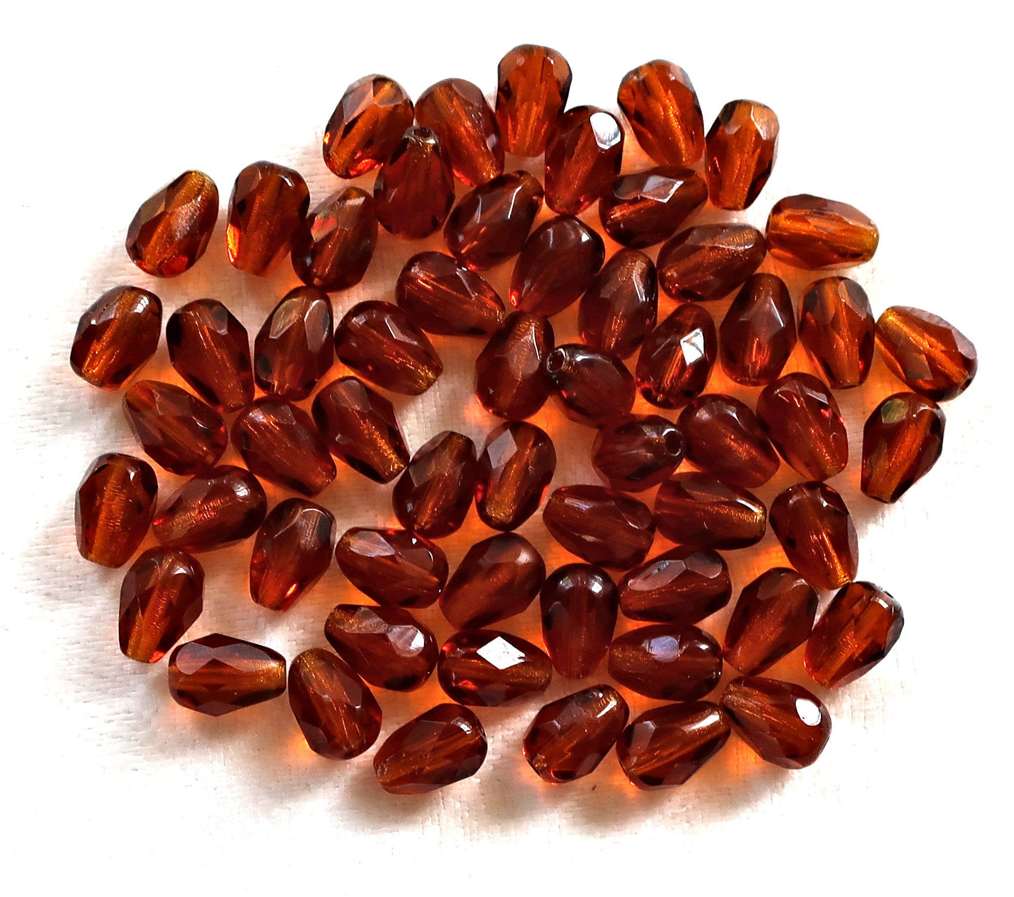 Lot of 25 7 x 5mm Maderia Topaz, Brown teardrop beads, faceted, firepolished tear drops C6601 - Glorious Glass Beads