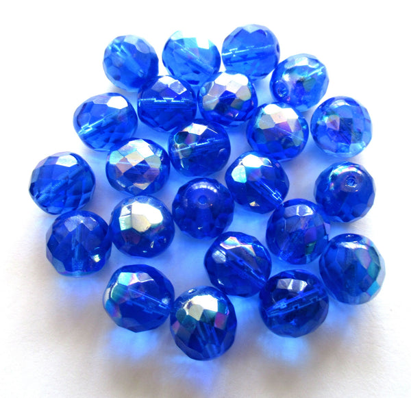 Ten Czech glass fire polished faceted round beads - 12mm sapphire blue beads with an AB finish C0089