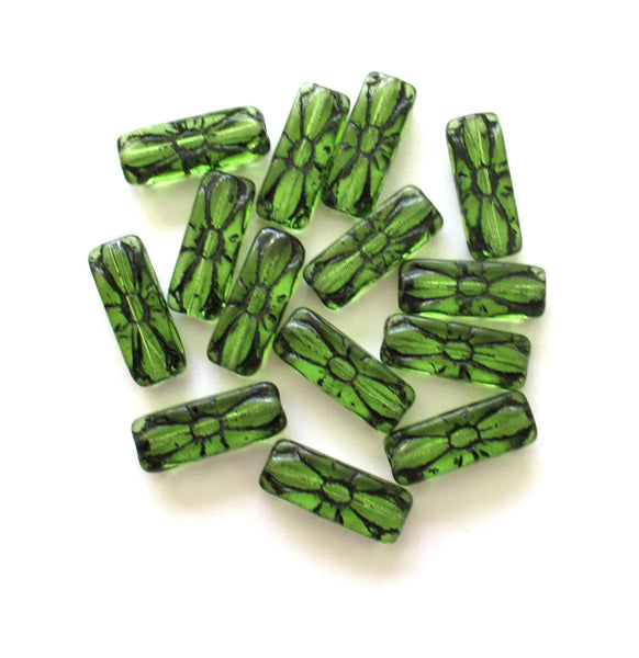 Five 20 x 8mm rectangular flower tube beads - olivine green with a black wash - Czech glass rectangle bead C0049