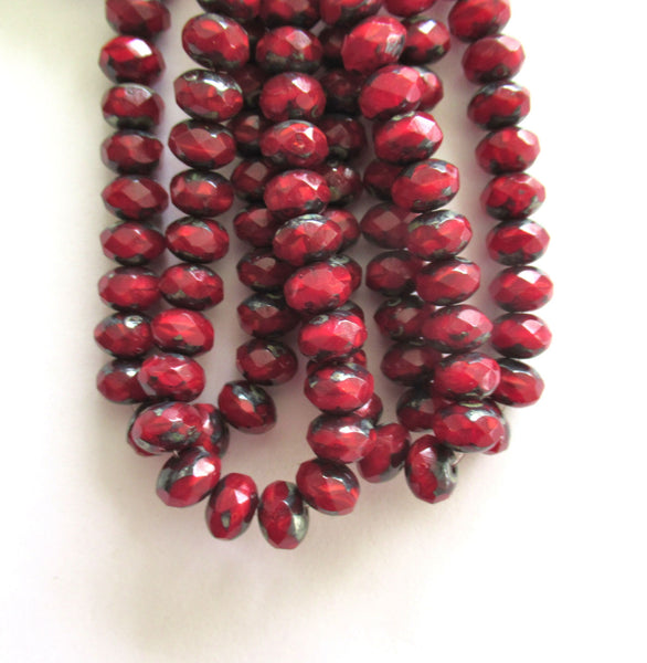 Lot of 25 Czech glass faceted puffy rondelle beads - 6 x 8mm transparent opaque mix garnet red silky picasso rondelles C0082