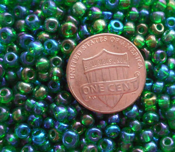 24 grams Emerald Green AB, Czech 6/0 glass seed beads, size 6 Preciosa Rocaille 4mm spacer beads, large, big hole C4824