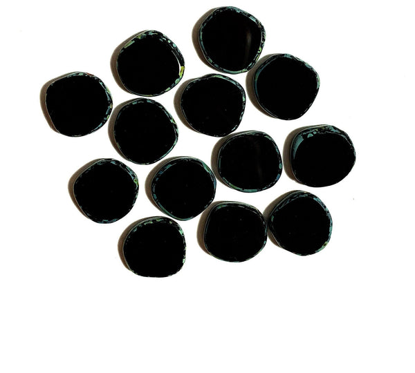 Six 15mm Czech glass asymmetrical coin or disc beads - jet black Picasso rustic earthy beads - C0601