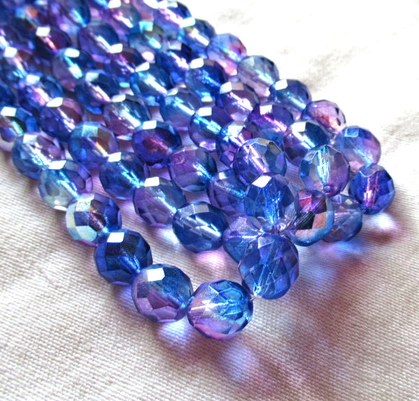 Lot of 20 Czech glass 10mm beads - blue, purple ab mix - firepolished faceted round beads