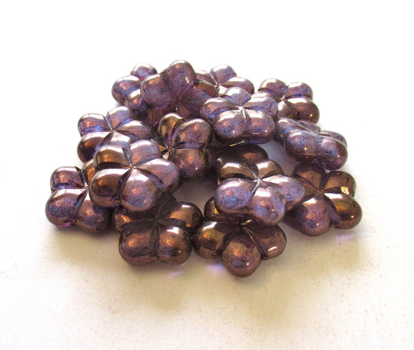 Lot of six 17mm Czech glass flower beads - amethyst, purple pressed beads with an iridescent luster finish - 00351