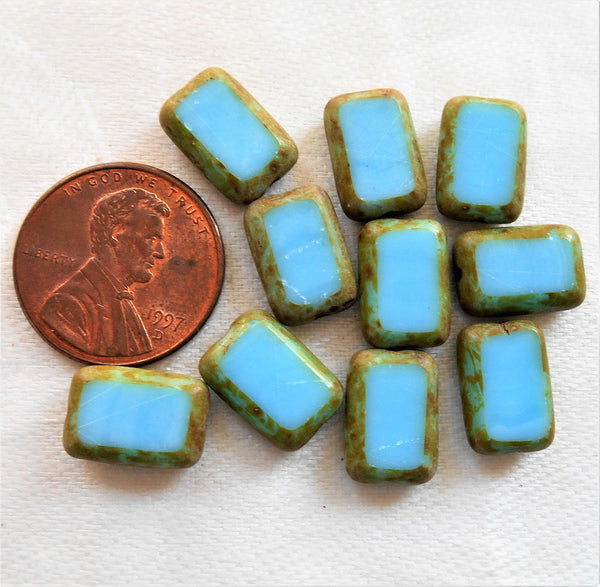 Ten rectangular Opaque Turquoise Blue Picasso Czech glass rectangle beads - 12mm x 8mm table cut beads C71101