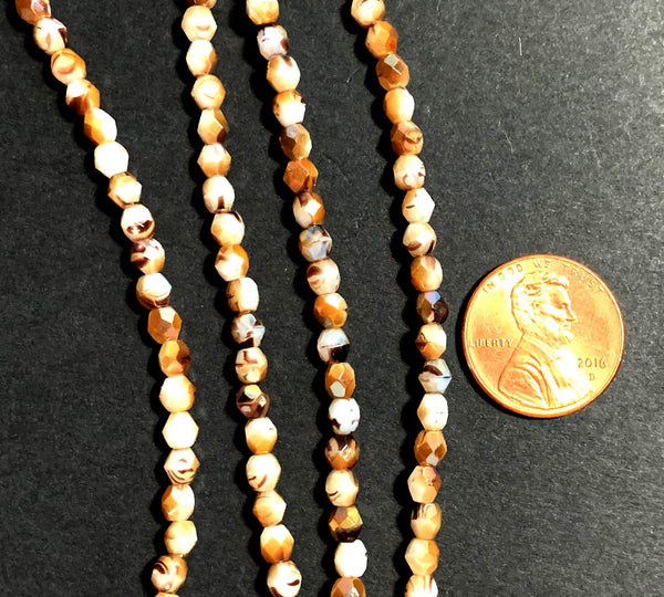 Lot of 50 4mm white and tortoise shell celsian Czech glass beads, round, faceted fire polished beads C0021