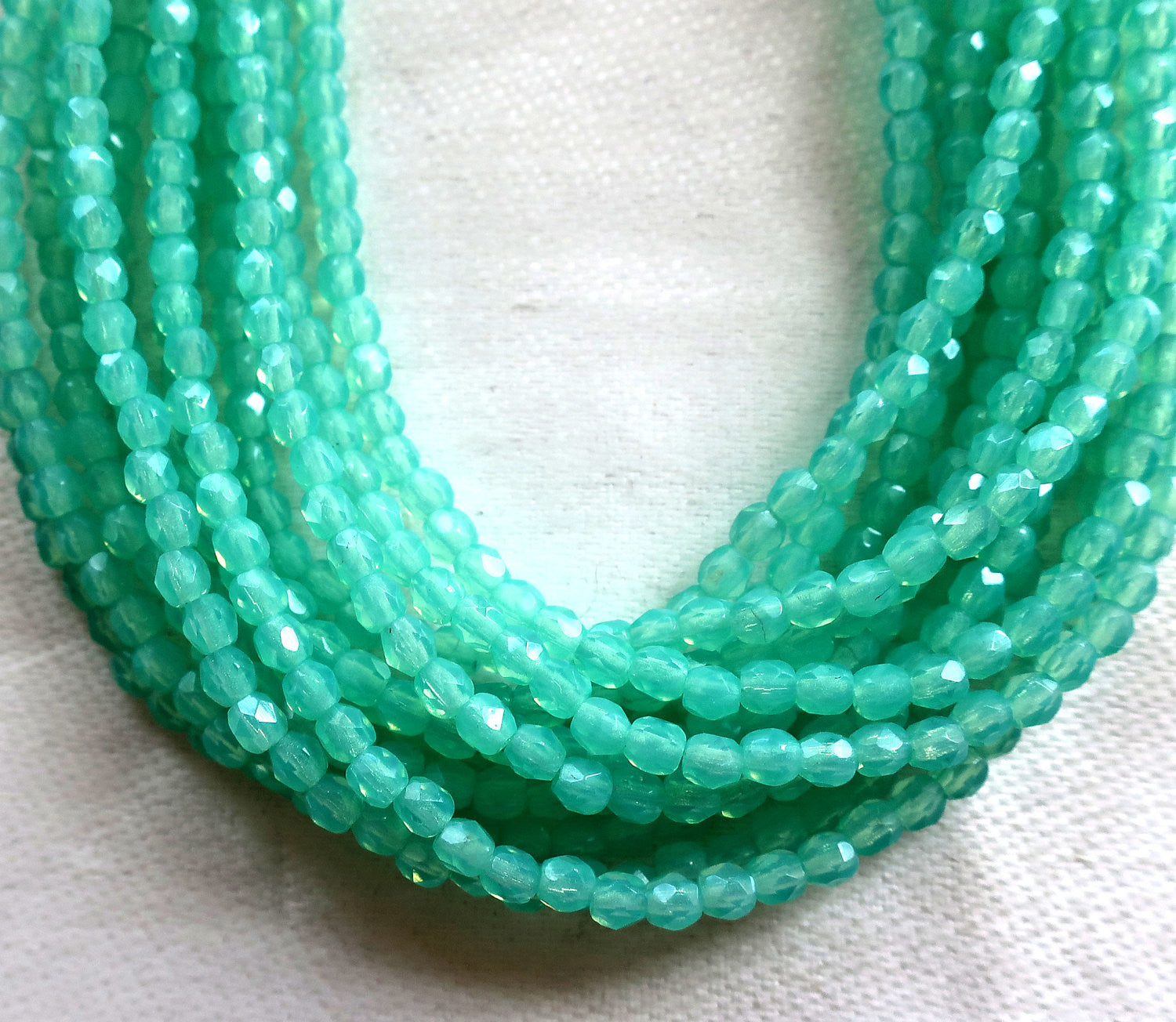 Lot if fifty 3mm Milky Peridot Green Czech glass beads, Firepolished, faceted round beads C8550 - Glorious Glass Beads