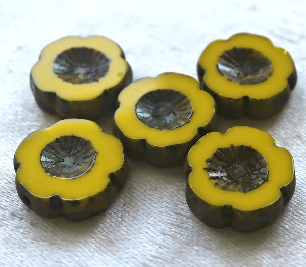 Lot of five 14mm Czech glass flower beads, table cut, carved, opaque, orangy yellow floral beads with brown picasso accents C00101 - Glorious Glass Beads